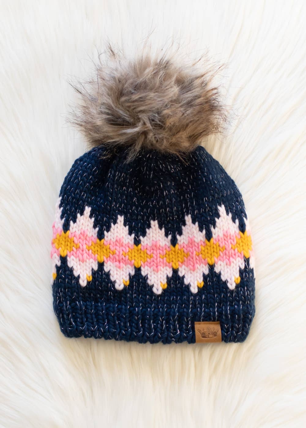 Navy, Pink & Mustard Patterned Pom Hat