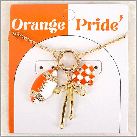 Orange & White Gameday Charm Necklace with Football, Bow, and Heart
