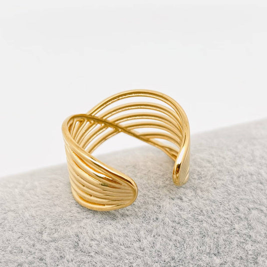 Gold Multilayer Cross Line Stainless Steel Opening Ring
