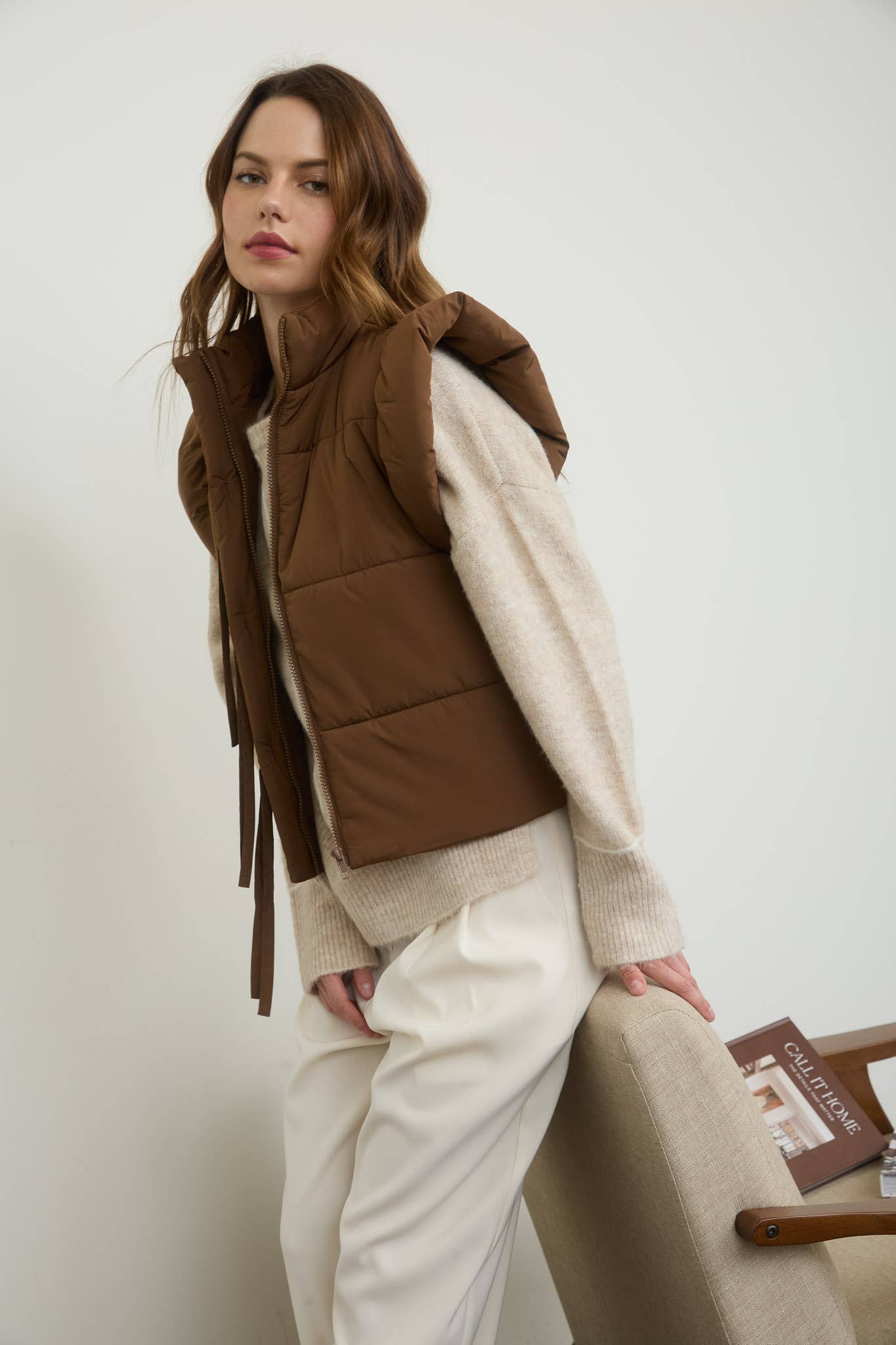 Brown Flutter Sleeve Bow Detail Puffer Vest F