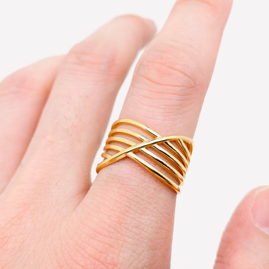 Gold Multilayer Cross Line Stainless Steel Opening Ring