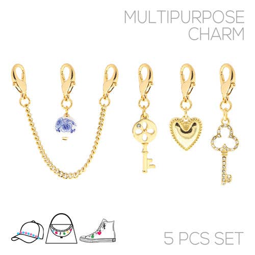 Gold Heart, Key, and Chain Set of 6 Bag Charm Attachments