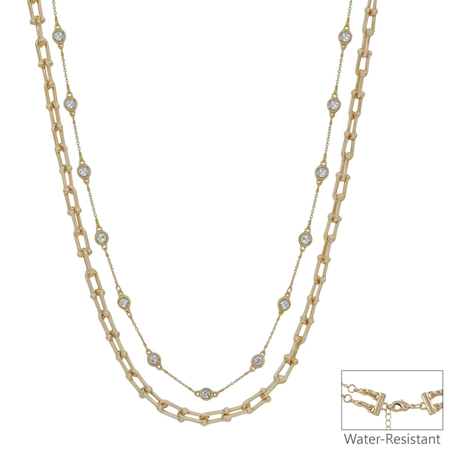 Gold Crystal and Chunky Layered Chain 16"-18" Necklace