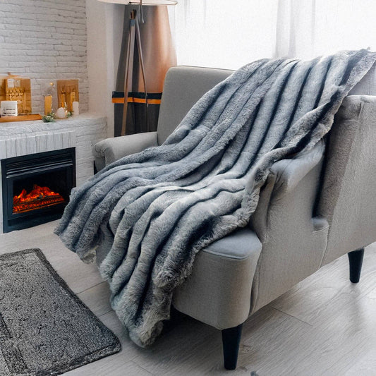 Bluish Grey Ultra Soft Faux Rabbit Fur Throw Blanket