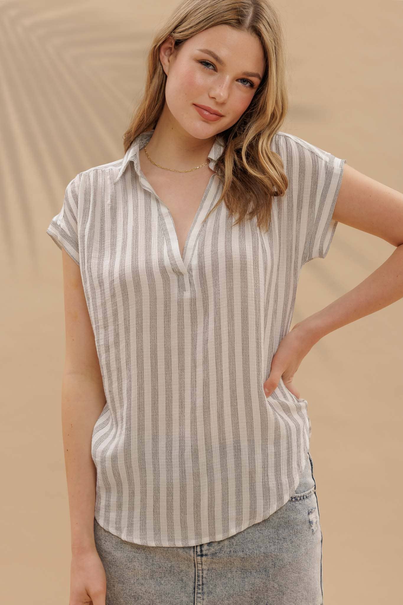 Black & White Stripe Collared Cuff Sleeve Lightweight Shirt