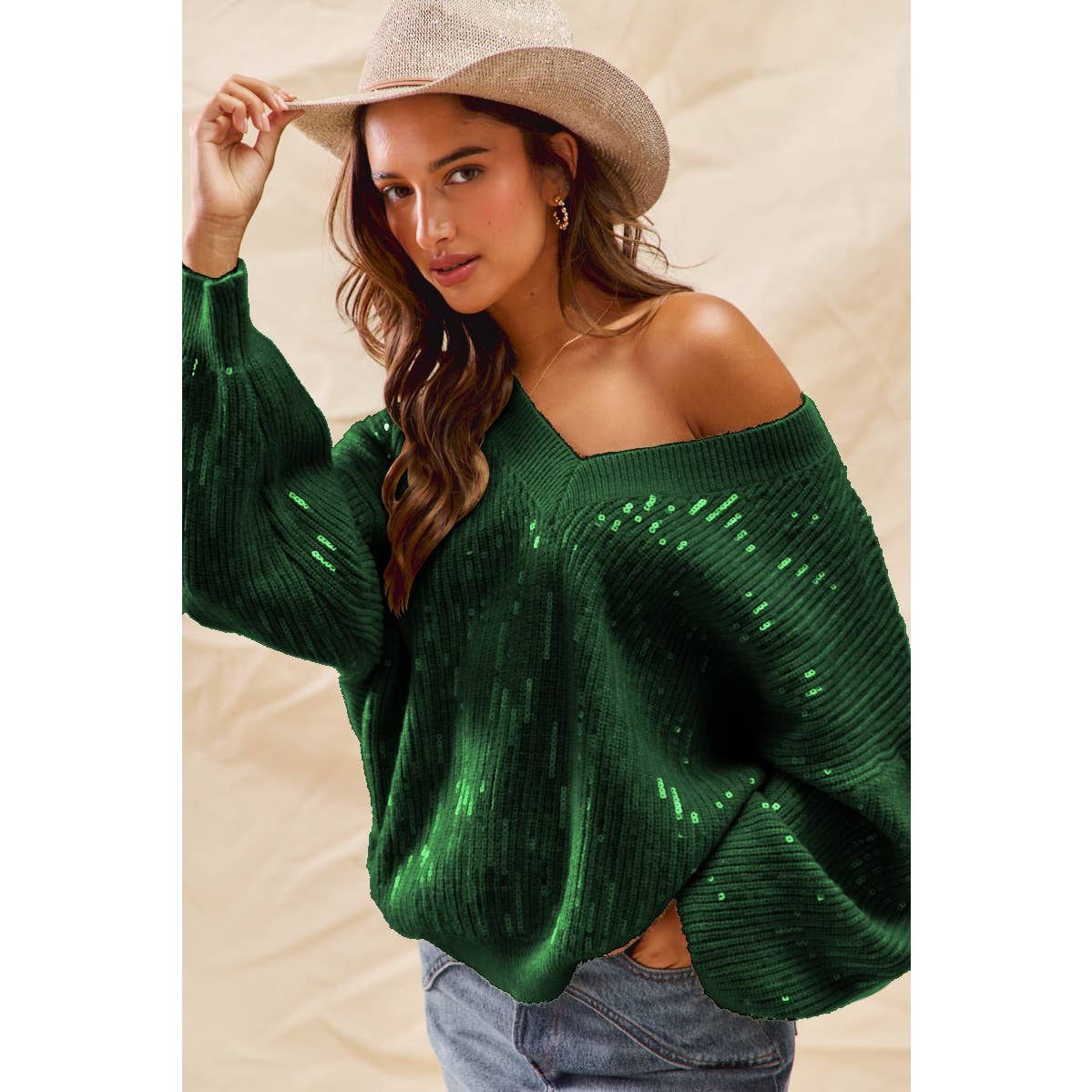 Hunter Green Sequins V Neck Sweater