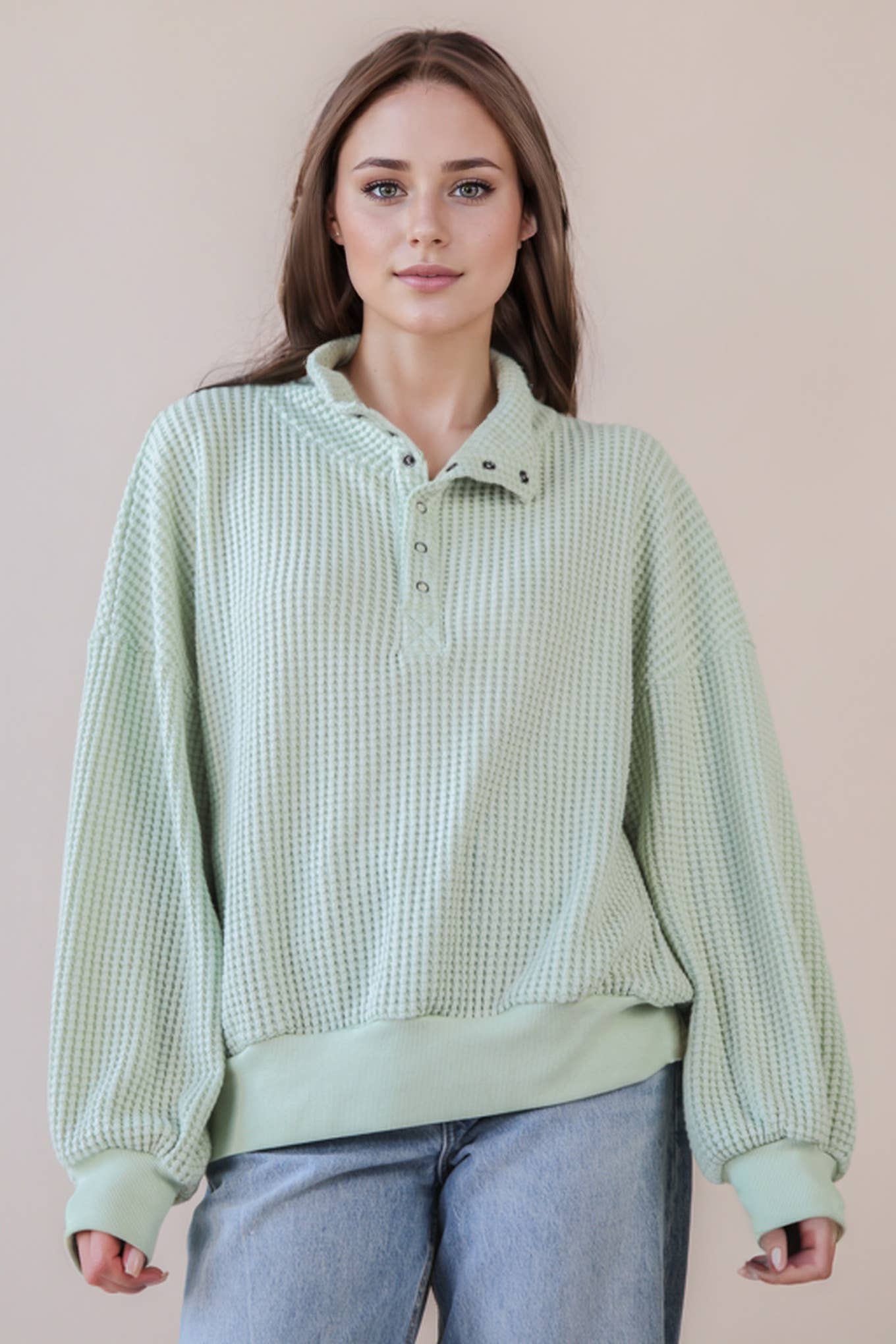 Sage Oversized Half Button Down Casual Waffle Knit