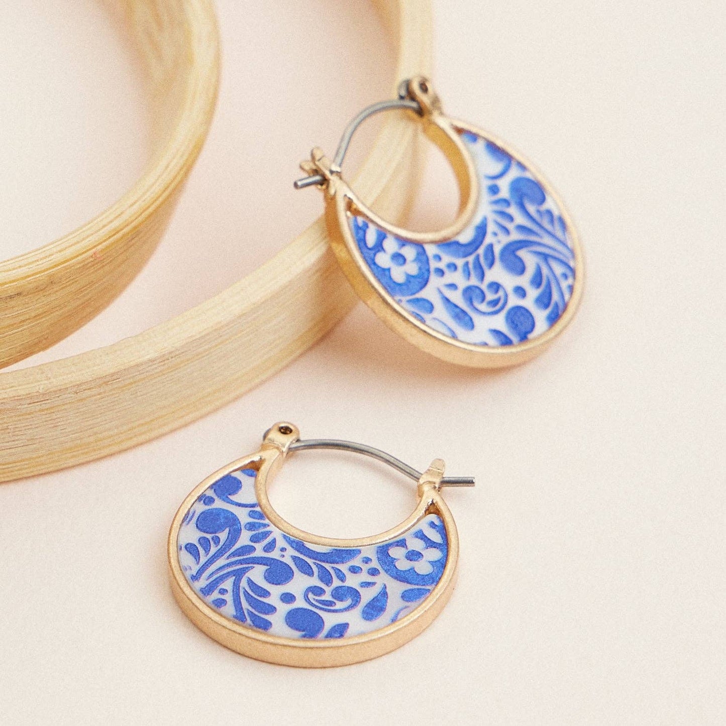 Boho-Chic Gold and Blue Mother of Pearl Floral Huggies
