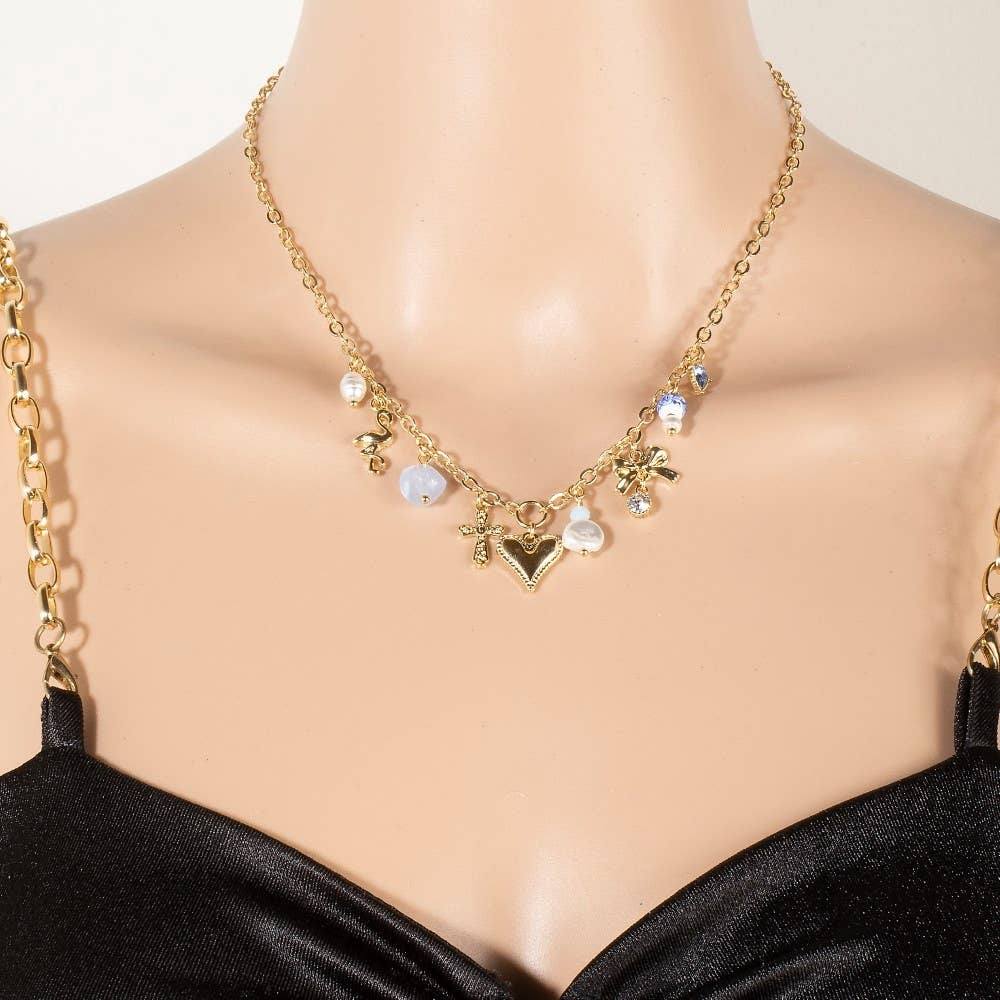 Heart Pearl Bows And Pearl Charms Chain Necklace