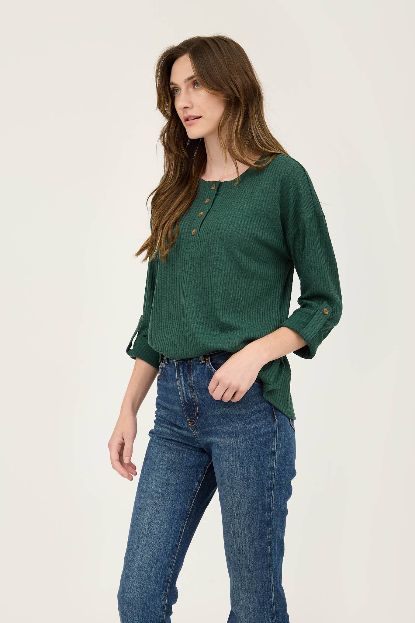 SALE Hunter Green 3/4 Tab Sleeve Henley Top