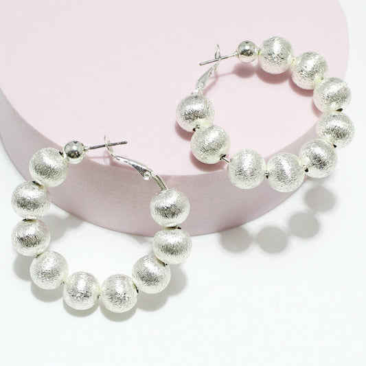 Silver Lightweight Brass Textured Ball Bead Hoop Earring
