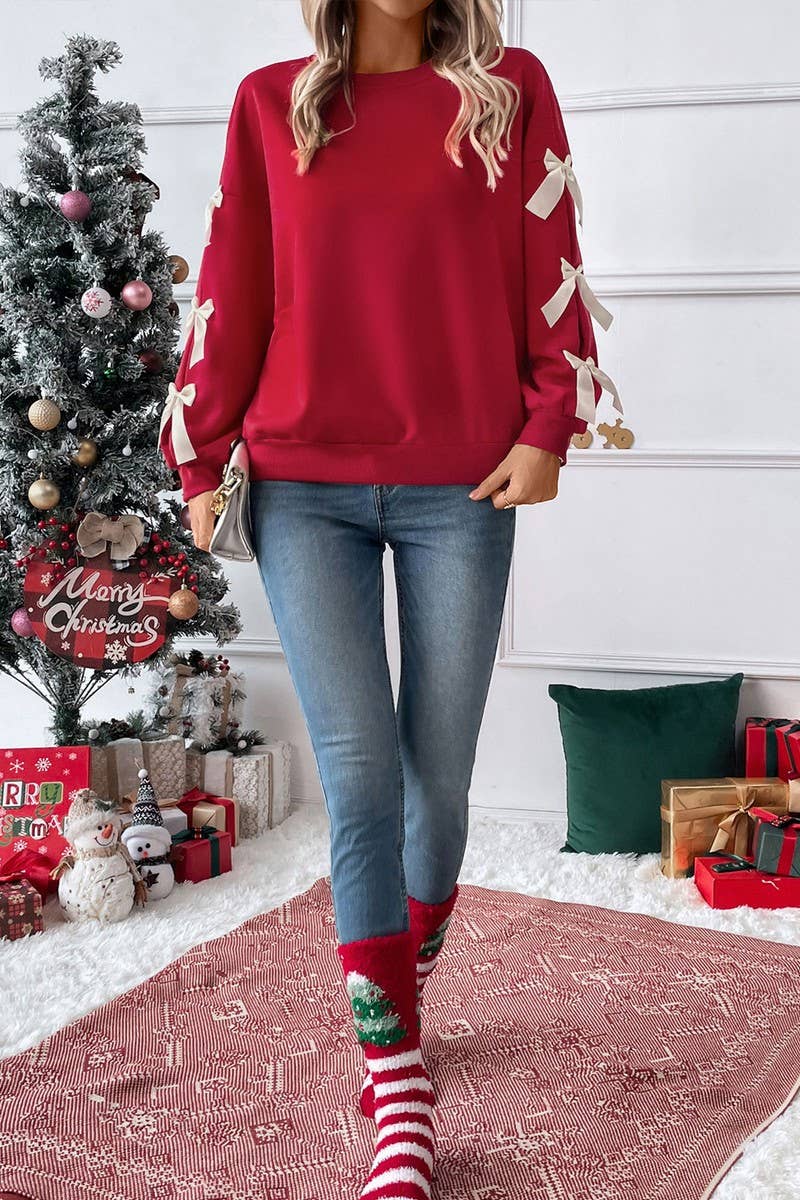 Red Bow Sleeve Sweatshirt