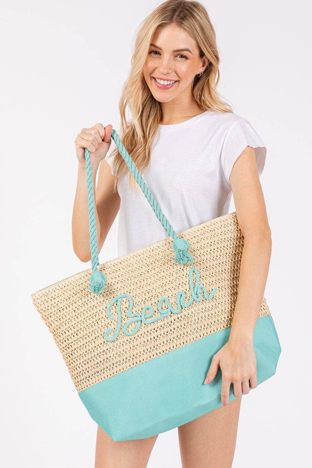 Light Blue Sewn Rope Beach Letter Color Straw Tote Bag
