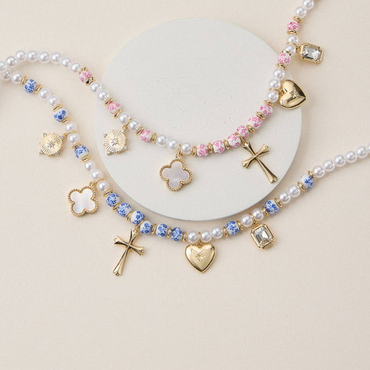 Blue Floral Faith & Love Pearl Ceramic Mixed Necklace