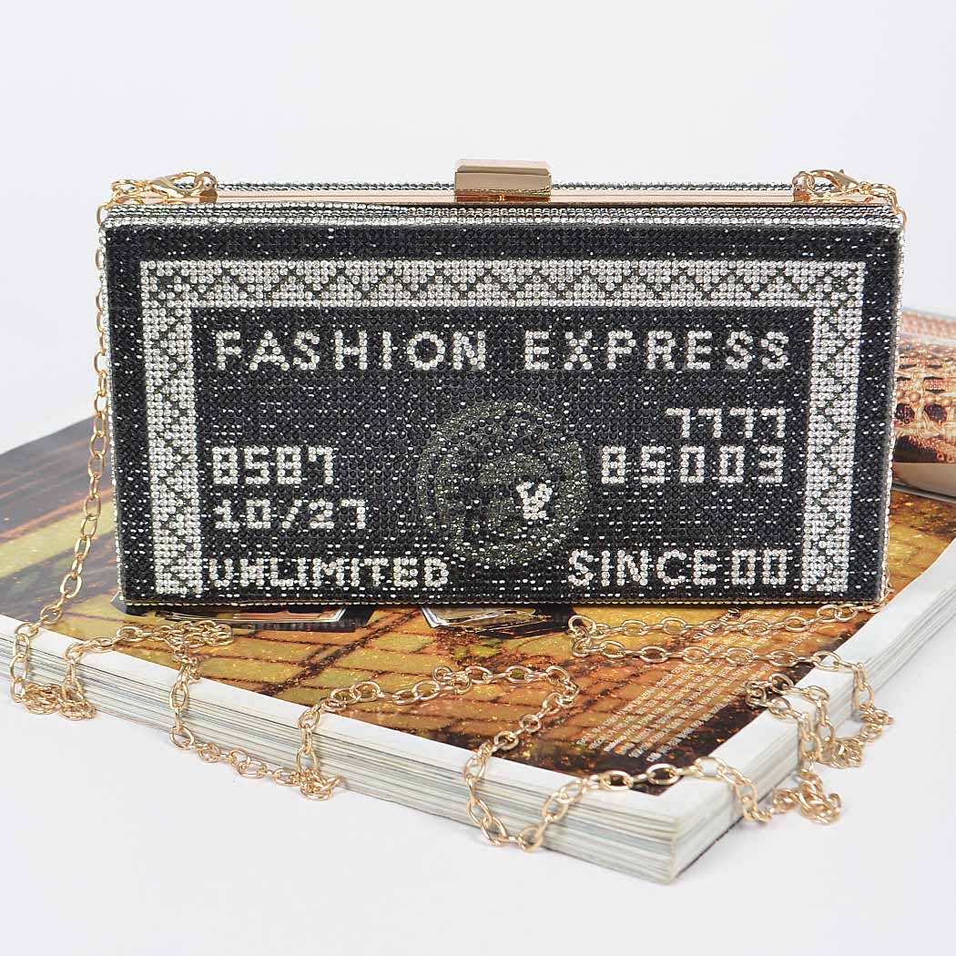 Black Rhinestone Credit Card Clutch with Chain Strap
