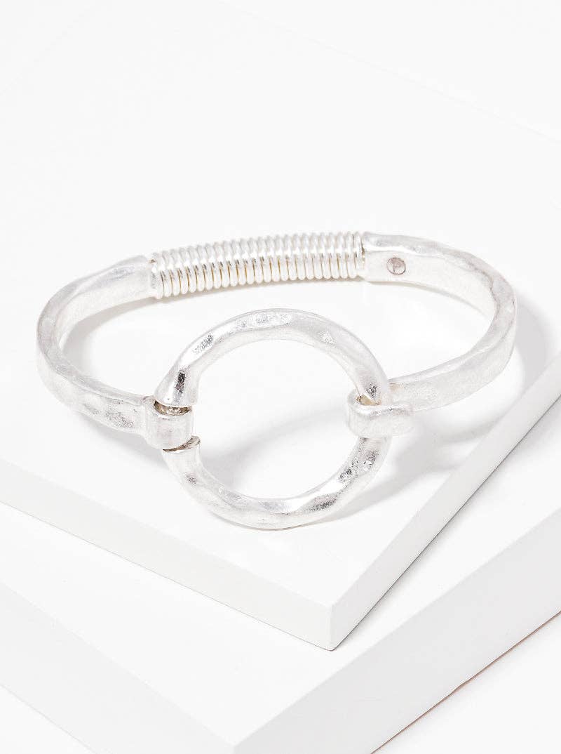 Hammered Silver Metal Round Hook Clasp Hinged Bracelet