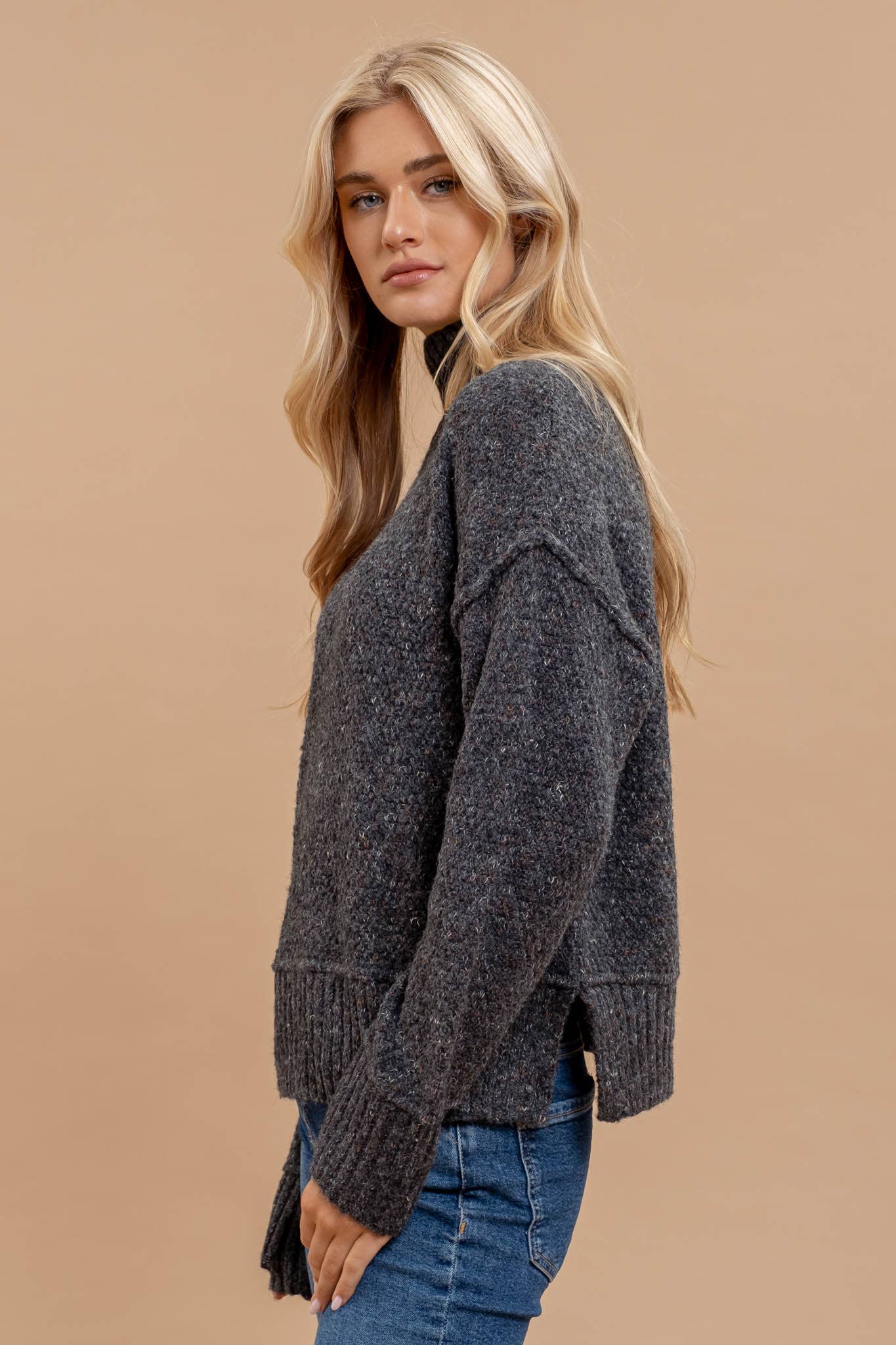 Charcoal Wool Blend Turtleneck Sweater