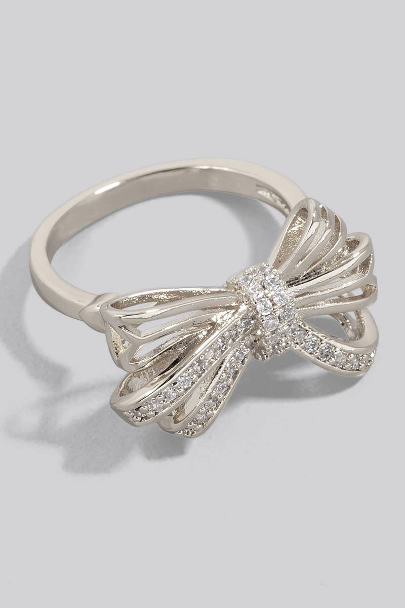 Silver Rhinestone Ribbon Bow Ring