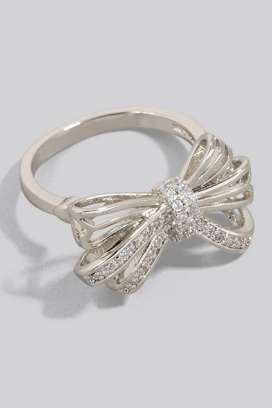Silver Rhinestone Ribbon Bow Ring