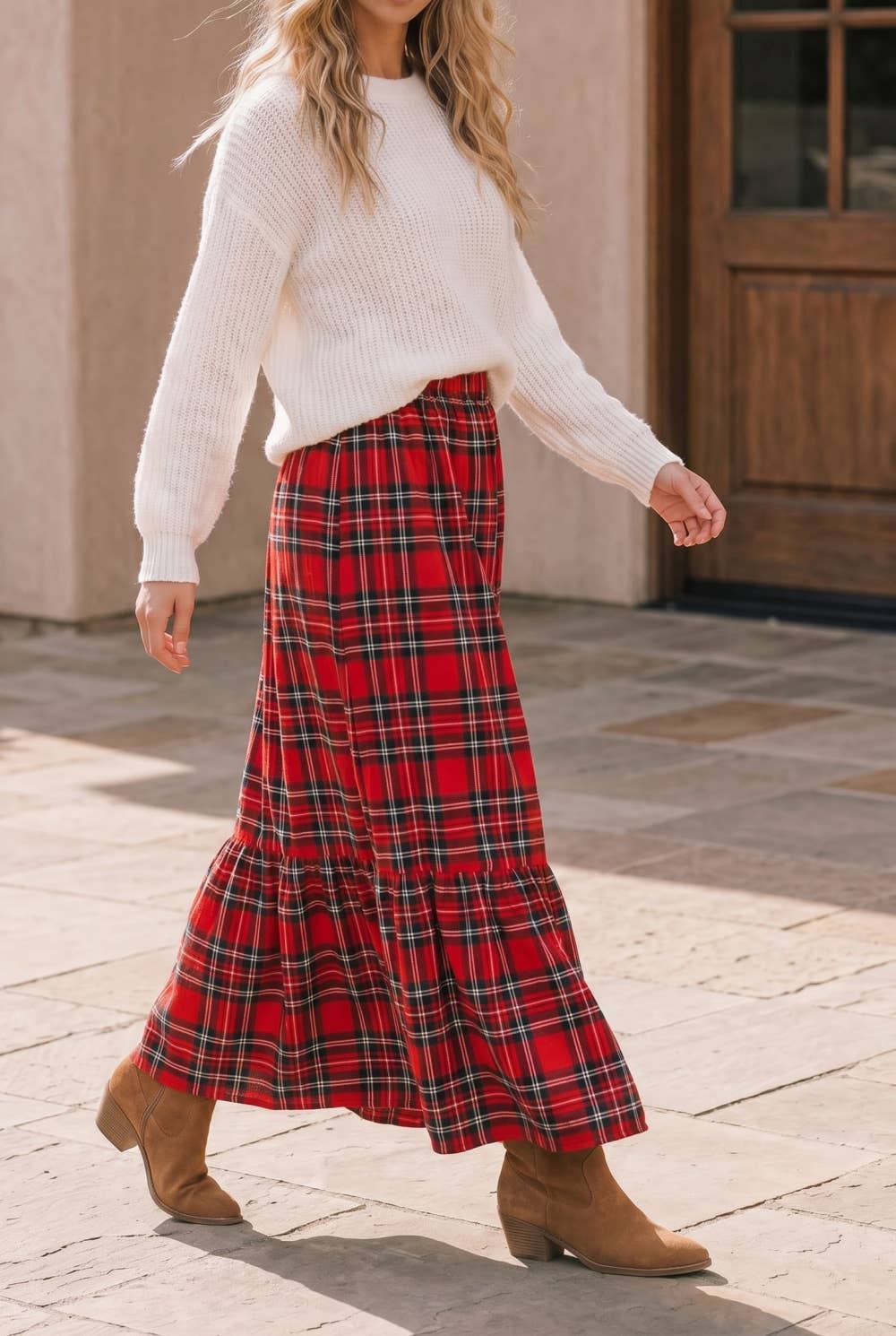 Plaid Tiered Maxi Skirt with Pockets: RED / S