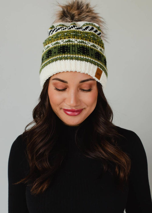 Ivory, Green & Black Christmas Pattern Pom Hat