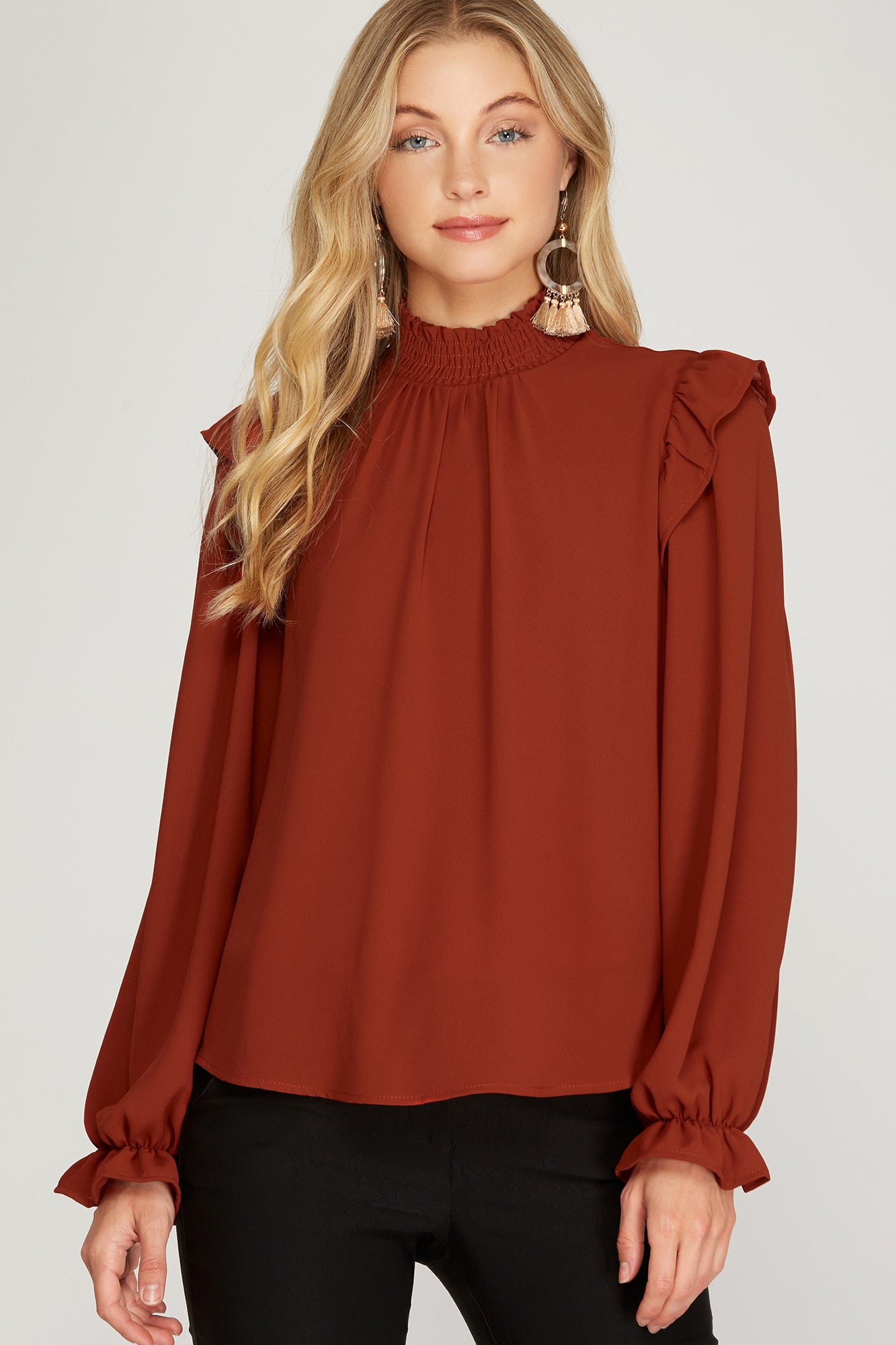 SALE Long sleeve smocked neck & shoulder ruffle top-Rust