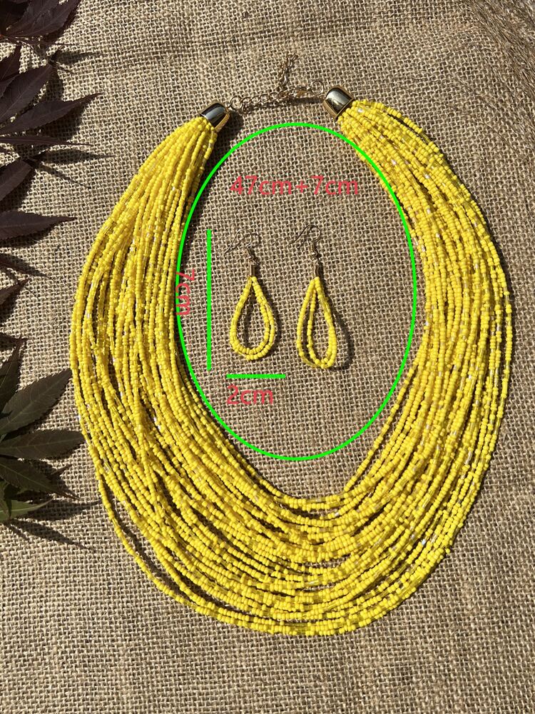 Yellow Beaded Layered Necklace & Drop Earrings Set