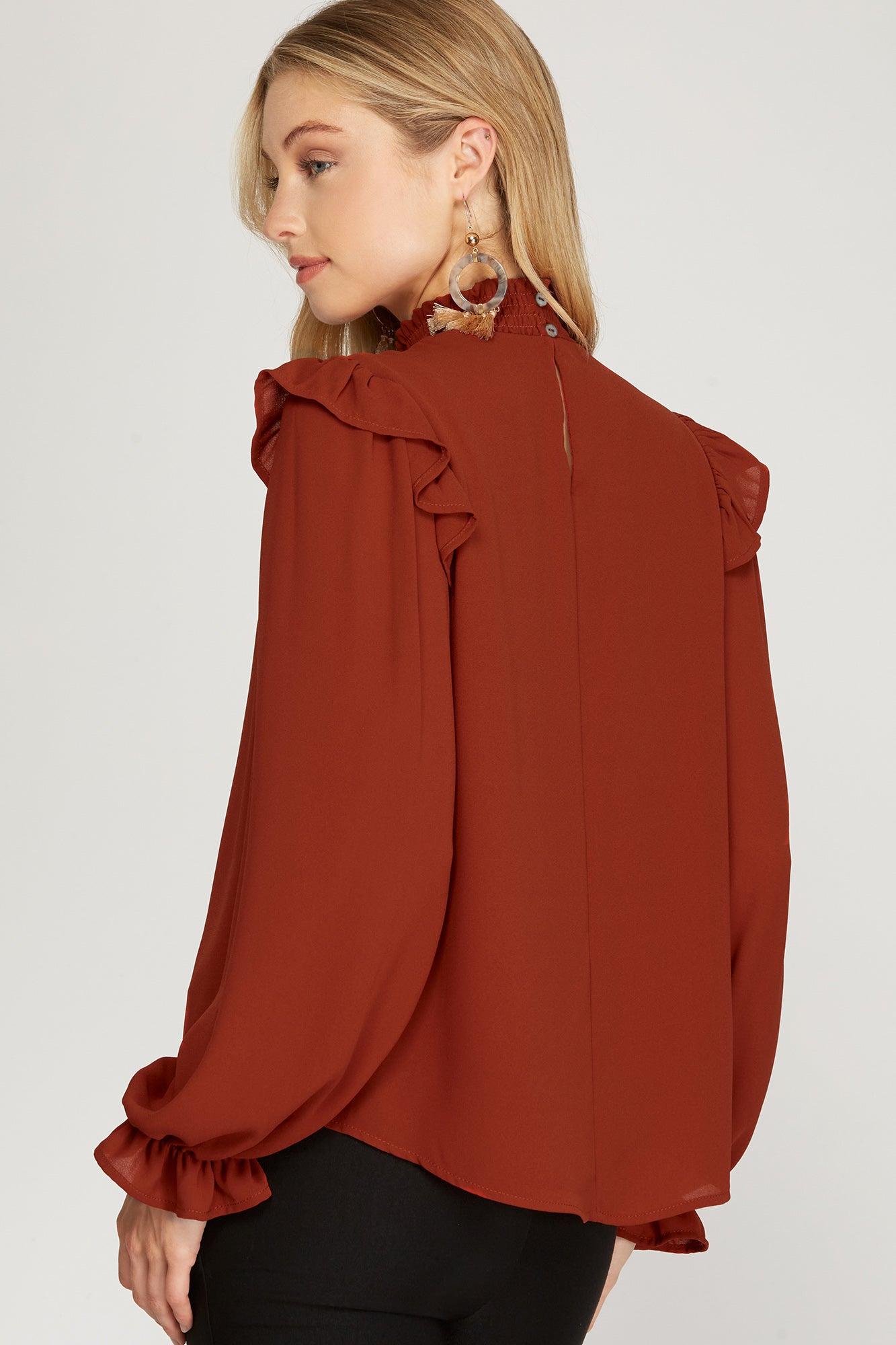 SALE Long sleeve smocked neck & shoulder ruffle top-Rust