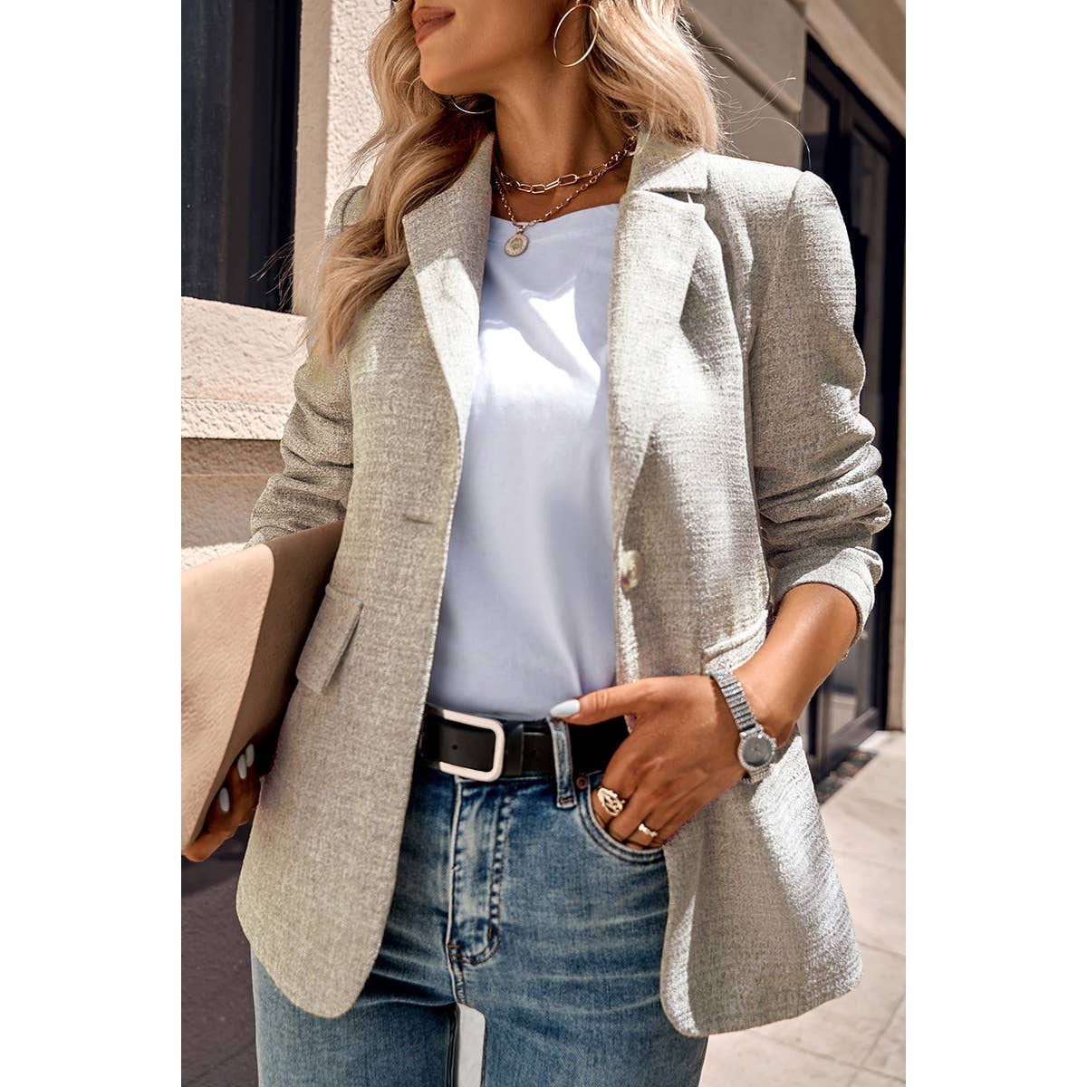 SALE Khaki Fit Button Open Front Long Sleeve Solid Blazer