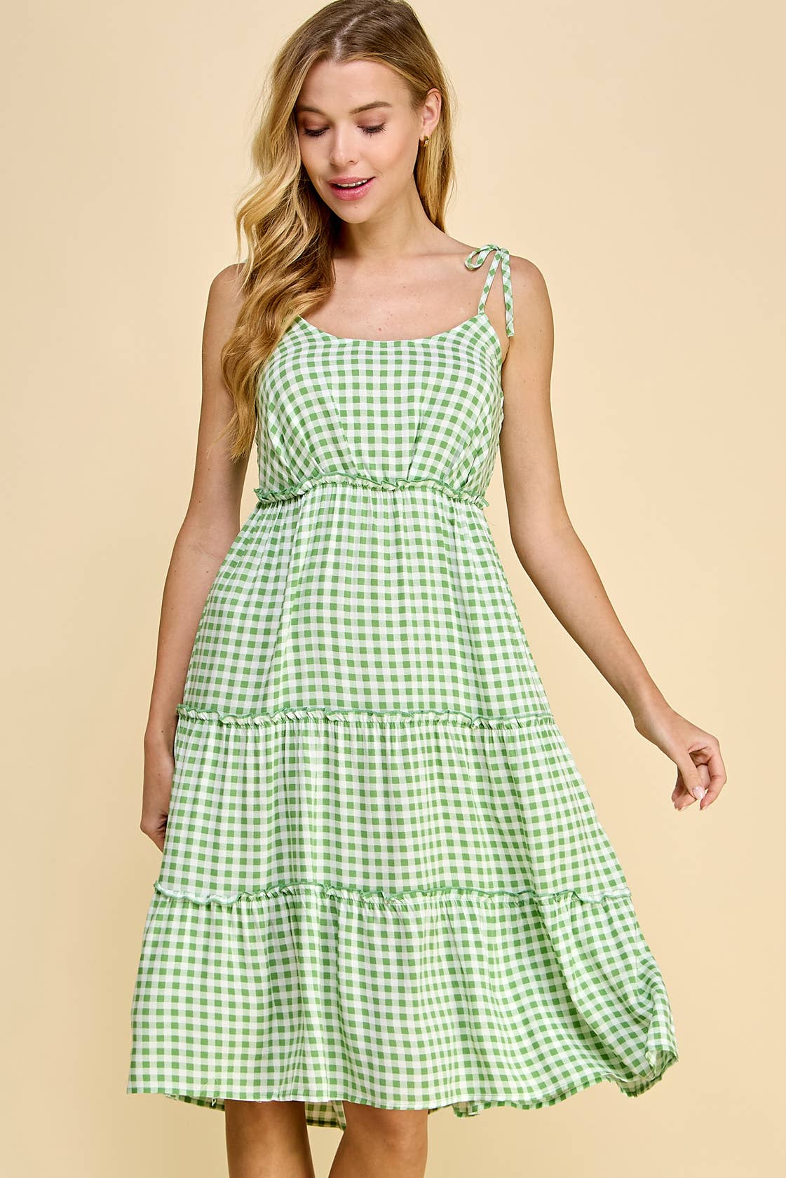 Green Gingham Tie Shoulder Midi Tiered Dress