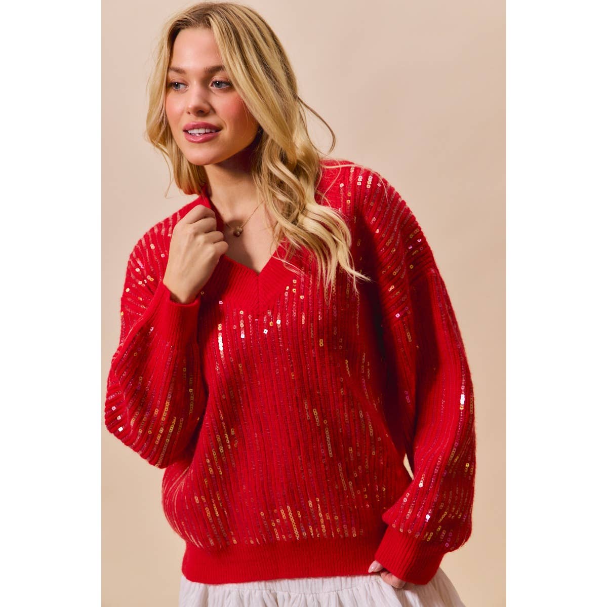 Red Sequins V Neck Sweater
