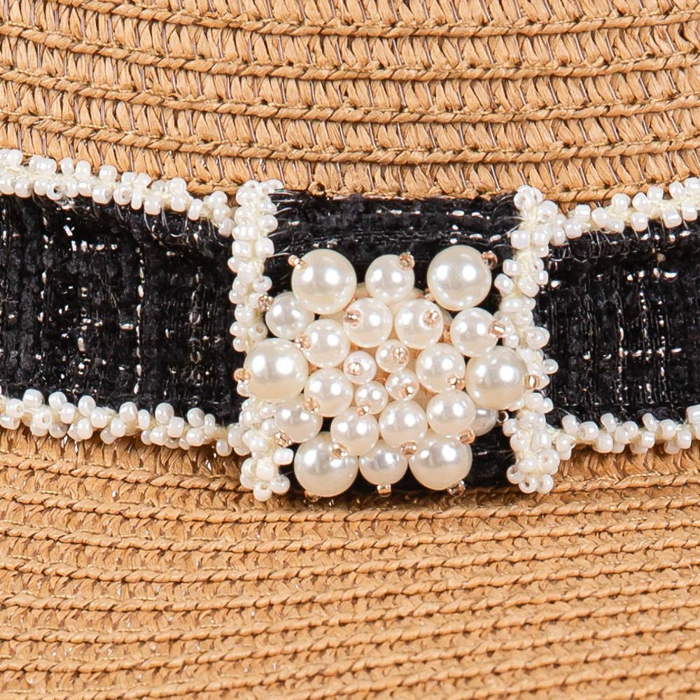 Taupe Tweed Pearl Band Straw Sun Hat
