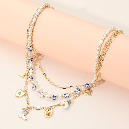 Pearl Floral Ceramic Ball Beaded Layered Necklace