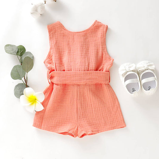 Pink Baby Girl Sleeveless Button Up Belt Romper-12-18 Months