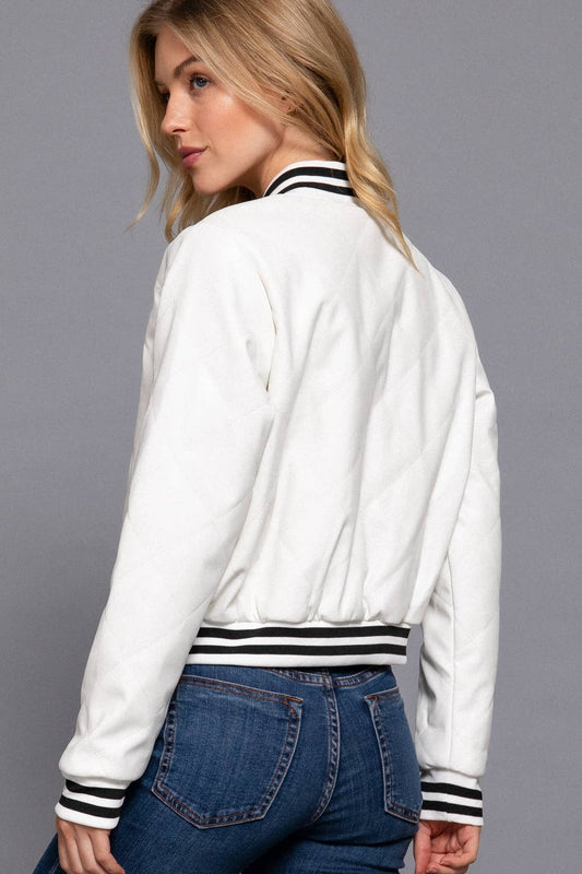 White Quilted PU Faux Leather Bomber Jacket