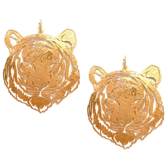 Gold Metal Stamped Tiger 2.5" Earring