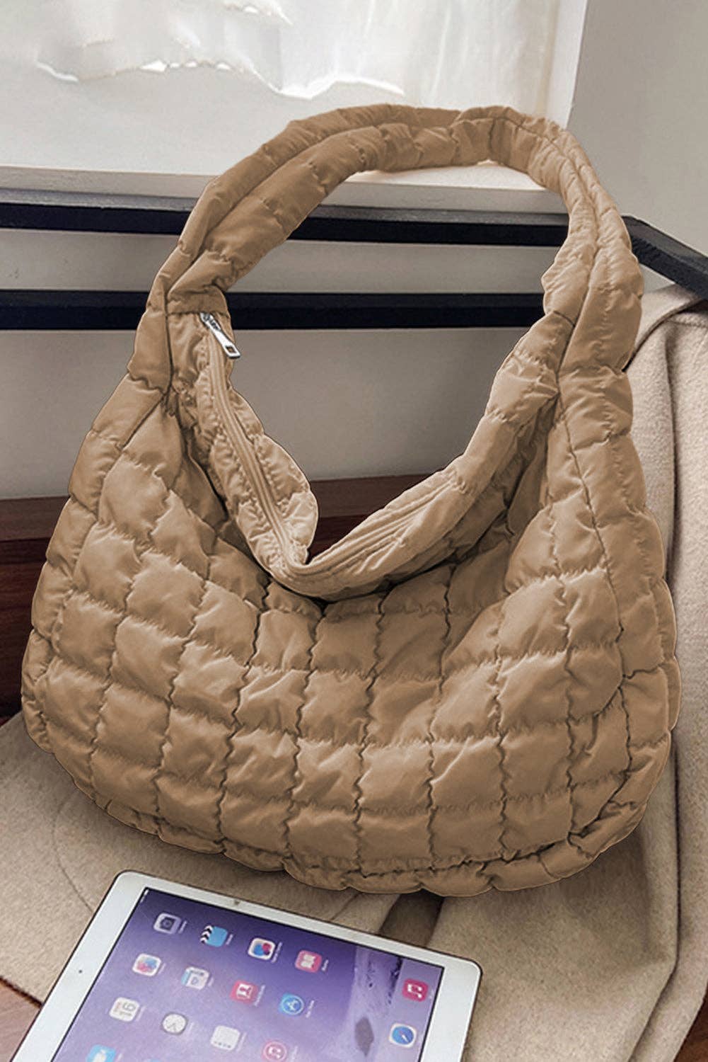 Quilted Zipper Large Shoulder Bag: Light French Beige