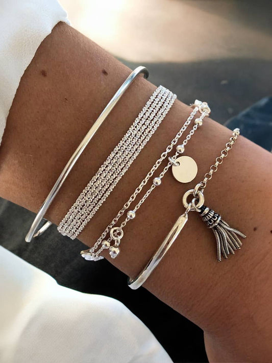 Chain Disc Tassel Pendant Silvery Bracelet Set: Silver