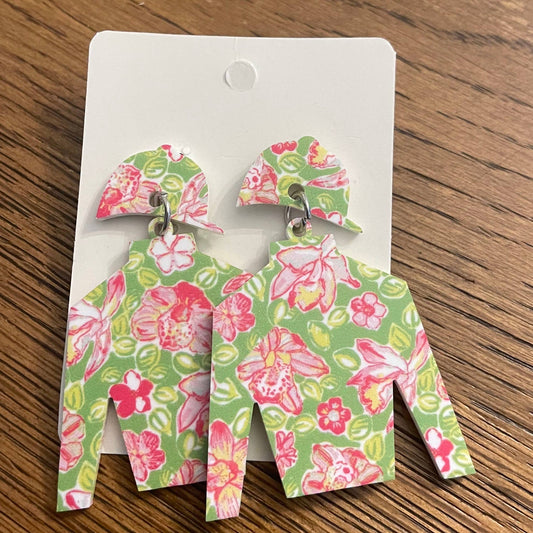 Green/Pink Floral Multi Derby Jockey Silk Acrylic Earring