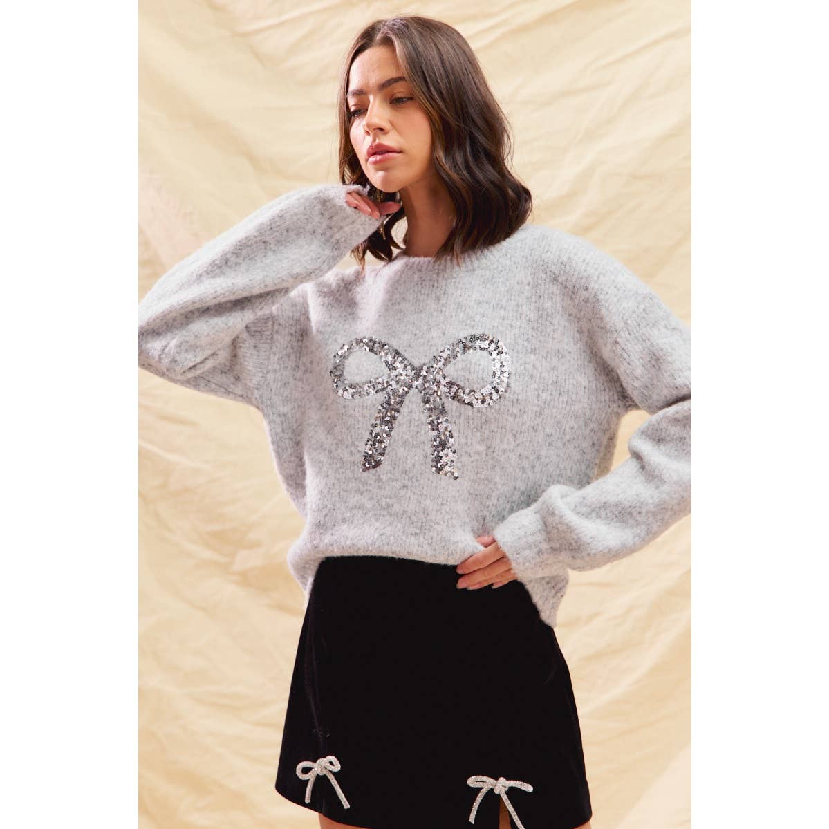 Grey/Silver Ribbon Sequins Holiday Sweater