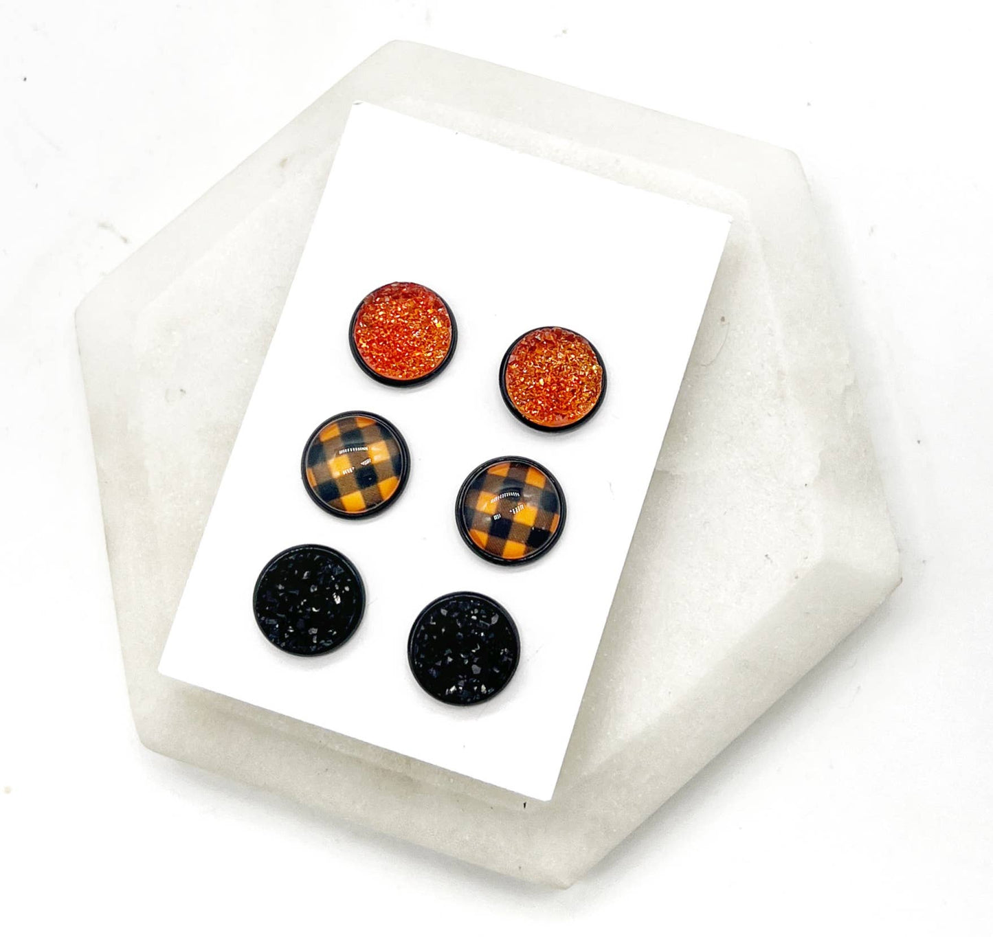 Fall Orange Buffalo Plaid Druzy Stud Trio