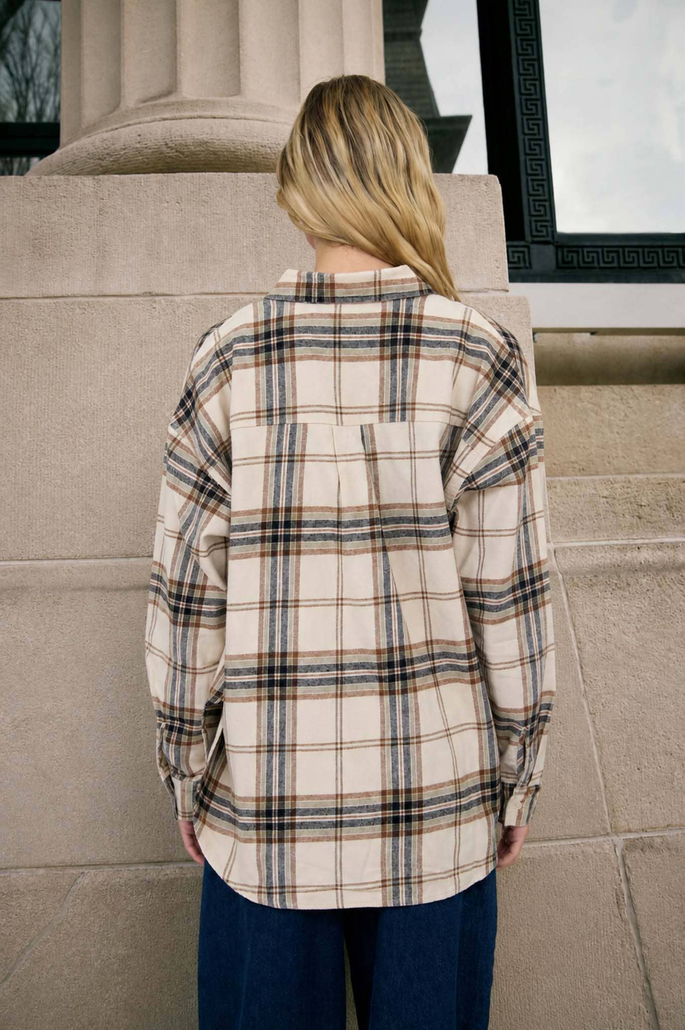 Khaki Plaid Boxy Button Down Oversized Flannel Top