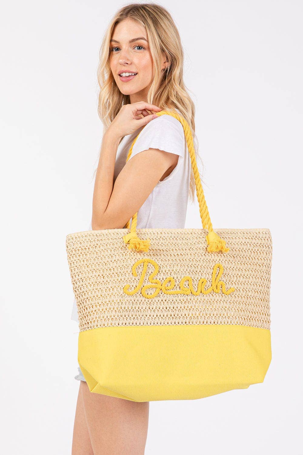 Yellow Sewn Rope Beach Letter Color Straw Tote Bag