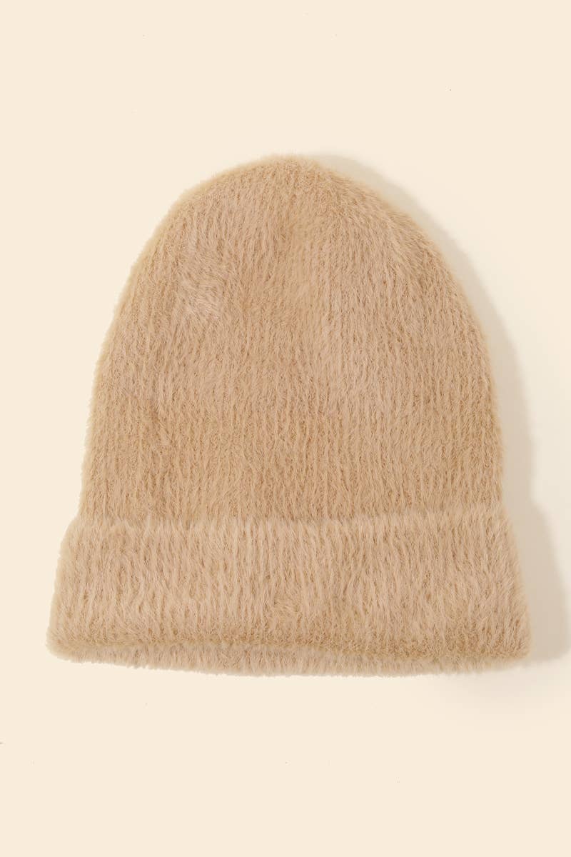 Taupe Fuzzy Ribbed Beanie