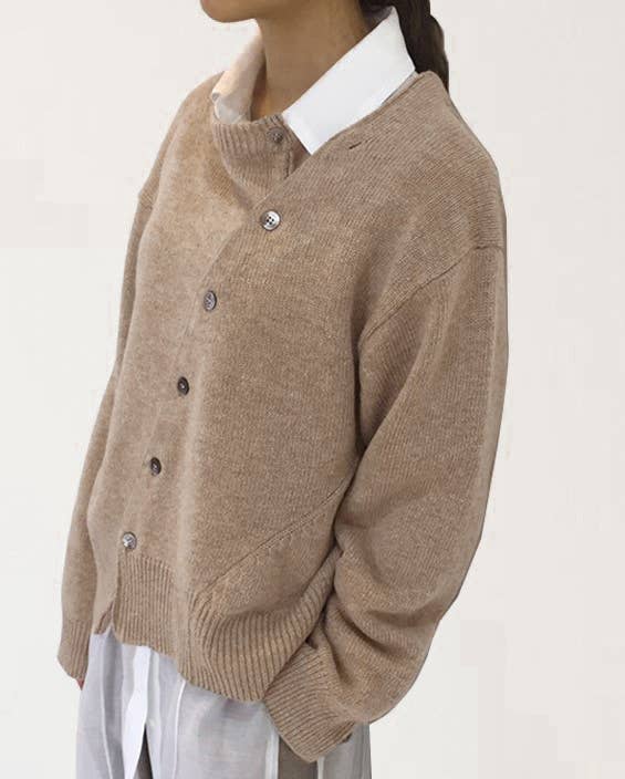 Apricot Diagonally Buttoned Crewneck Sweater