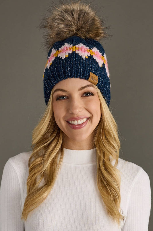 Navy, Pink & Mustard Patterned Pom Hat