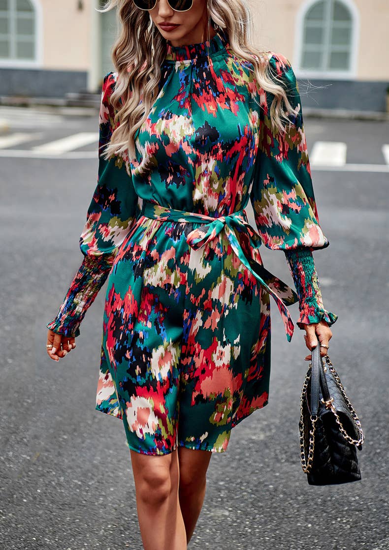 Green Floral Print Ruffle Dress