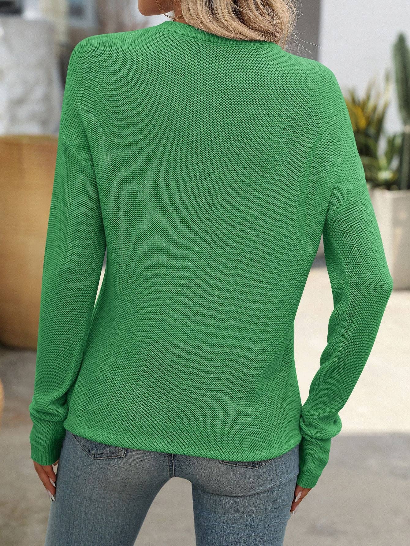 Green  Knitted Thick Stitch Casual Sweater