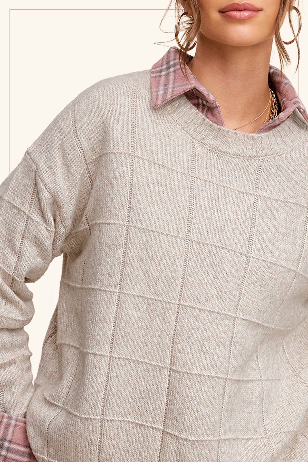 Oatmeal Windowpane Patterned Sweater