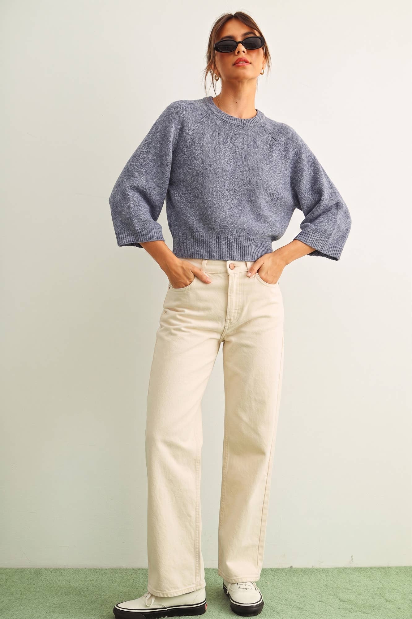 Blue Round Neck 3/4 Sleeve Knitted Top